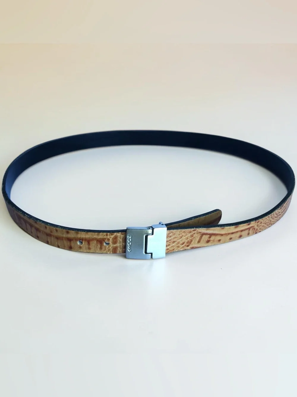 Vintage Leather Belt Embossed Croc Texture Brushed Silver Buckle Tan Cognac 1